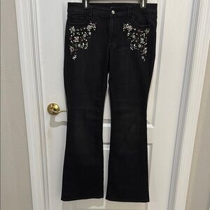 White House Black Market Embellished Black Flare Wide Leg Jeans